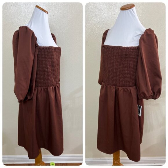 Bar III Womens Smocked Off The Shoulder Dress Puff Sleeves XL Brown - Picture 3 of 10